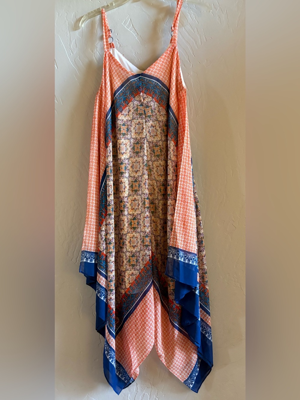 Luxology Coral and Navy Patterned Handkerchief Hem Dress